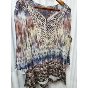 World Unity 3/4 Sleeve Sharkbite Hem Tunic Hippie Boho Women's Sz XL